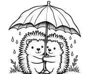 Coloriage Deux H&eacute;rissons mignons sous la parapluie
