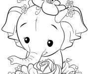 Coloriage El&eacute;phant adorable parmi les fleurs
