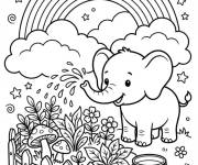 Coloriage El&eacute;phant mignon arrose les fleurs &agrave; l'aide de sa trompe