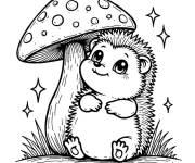 Coloriage H&eacute;risson mignon sous champignon