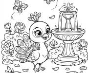 Coloriage Paon mignonne dans le jardin