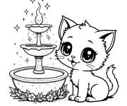 Coloriage Petit chat aimable devant une fontaine