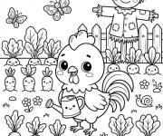 Coloriage Petit coq mignon arrose les l&eacute;gumes