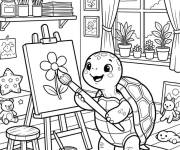 Coloriage Petite tortue artiste qui peigne