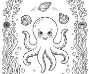 Coloriage Pieuvre mignonne dans le fond marin