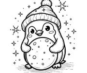 Coloriage Pingouin mignon joue sous la neige