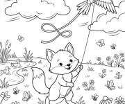 Coloriage Renard adorable volant son cerf-volant