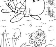 Coloriage Tortue de mer et les animaux marins mignons