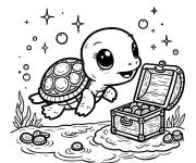 Coloriage Tortue trouve le tr&eacute;sor au fond marin