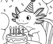 Coloriage Axolotl et le g&acirc;teau d'anniversaire