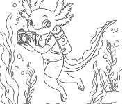 Coloriage Axolotl prends des photos sous la mer