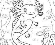 Coloriage Axolotl qui nage parmi les poissons