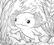 Coloriage Axolotl s'amuse avec des poissons
