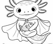 Coloriage Super Axolotl  sauvant le poisson