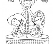Coloriage Les enfants jouent avec leurs jouets canards