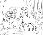 Coloriage Fille avec des caprins dans la foret