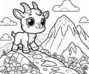 Coloriage Petit caprin et le vue du montagne rocheux
