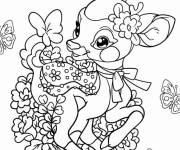 Coloriage Beau faon entre les fleurs et papillons