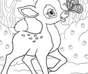 Coloriage Le faon jouant avec le papillon