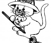 Coloriage Chat et balai de Halloween