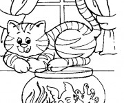 Coloriage Chat et poisson en bocal