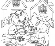 Coloriage Une chatte et sa peluche dans le jardin