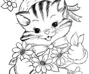 Coloriage Chaton avec des fleurs
