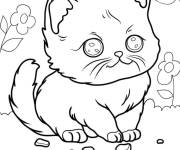 Coloriage Chaton chibi entour&eacute; de fleurs