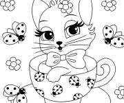 Coloriage Chaton entour&eacute; par les coccinelles