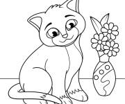 Coloriage Chaton et un vase de fleurs