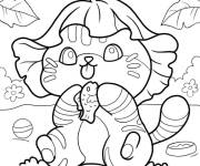 Coloriage Chaton mangeant des poissons