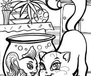 Coloriage Chaton pr&egrave;s de l&rsquo;aquarium