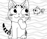 Coloriage Chaton veut manger le poisson