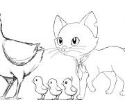 Coloriage Le chaton avec la poule et les poulets