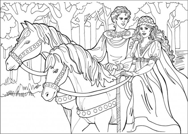 Coloriage Prince et princesse sur leurs chevaux dessin gratuit à imprimer