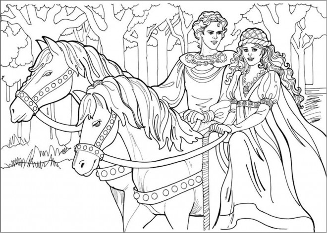 Coloriage Prince Et Princesse Sur Leurs Chevaux Dessin