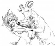 Coloriage Fille avec des cornes et chèvre