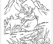 Coloriage Petite fille caresse le chevreau