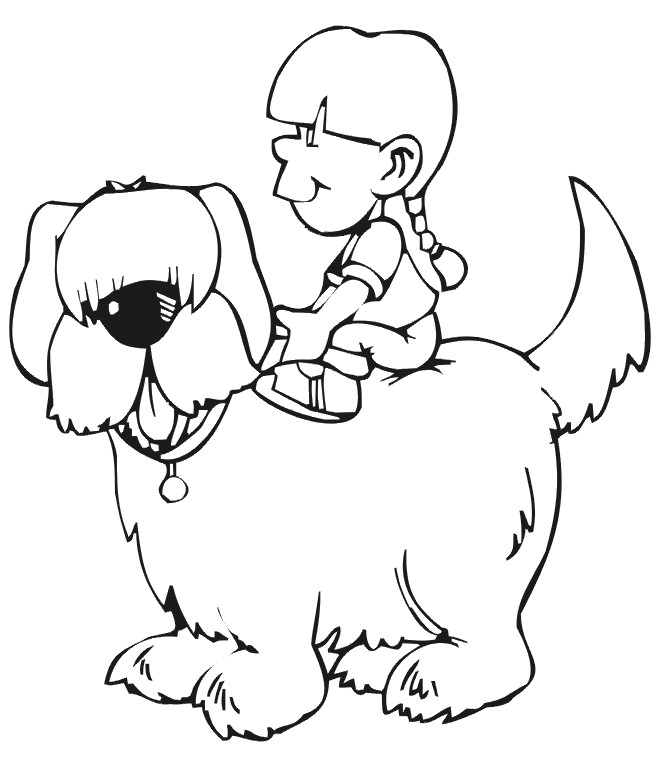 Coloriage Petite fille sur un Chien dessin gratuit à imprimer