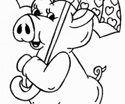 Coloriage Cochon et parapluie en coeurs