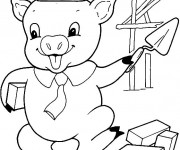 Coloriage Cochon qui construit sa maison