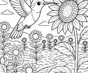 Coloriage Colibri dans le champ des fleurs