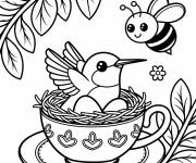 Coloriage Colibri dans un nid en tasse de thé