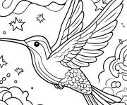 Coloriage Colibri et &eacute;toiles en nuages
