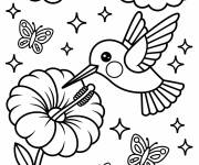 Coloriage Colibri kawaii avec une paillon sur la fleur