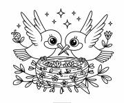 Coloriage Couple colibris kawaii cr&eacute;ent un nid