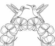 Coloriage Deux colibris sur une couronne de fleurs