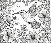Coloriage Portrait de Colibri avec des fleurs
