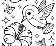 Coloriage Sc&egrave;ne kawaii de colibris dans la nature