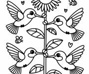 Coloriage Trois colibris autour d&rsquo;un tournesol avec des abeilles